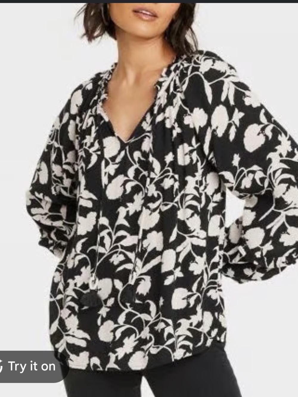 Knox Rose Black and Cream Floral V-Neck Peasant Blouse